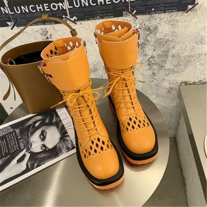 Fashion Women's Round Toe Lace-Up Platform Motorcycle Boots 2020 Summer Sweet Cute Breathable Cool Hollow hole Ankle Boots